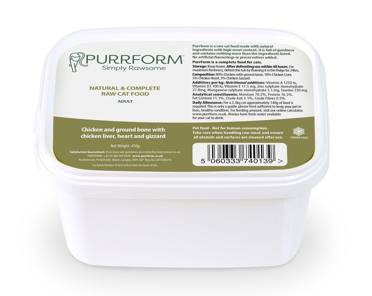 Purrform Chicken with Ground Bone with Chicken Liver, Heart & Gizzard (Adult) 450g
