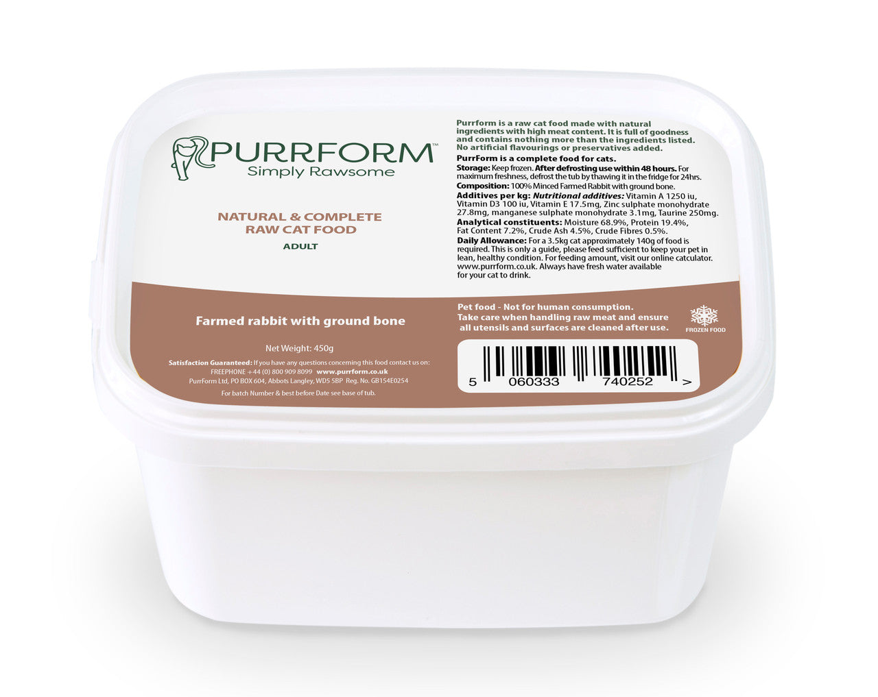 Purrform Farmed Rabbit With Ground Bone Adult 450g