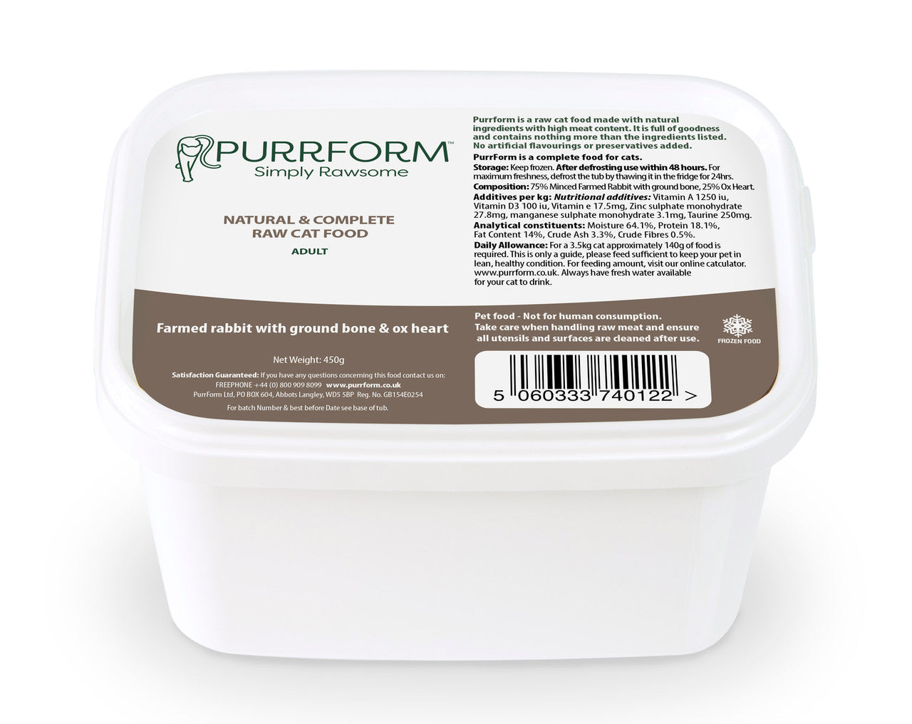 Purrform Farmed Rabbit with Ground Bone & Ox Heart (Adult) Adult 450g