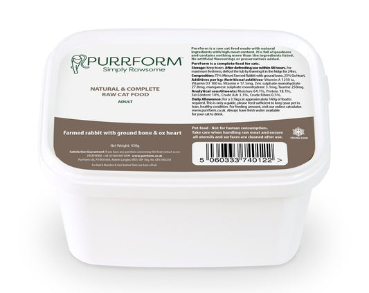 Purrform Farmed Rabbit with Ground Bone & Ox Heart (Adult) Adult 450g