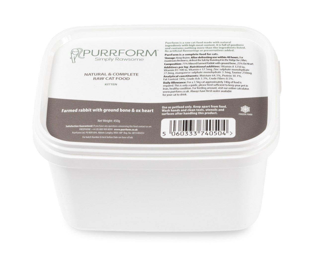 Purrform Farmed Rabbit with Ground Bone & Ox Heart (Kitten) 450g