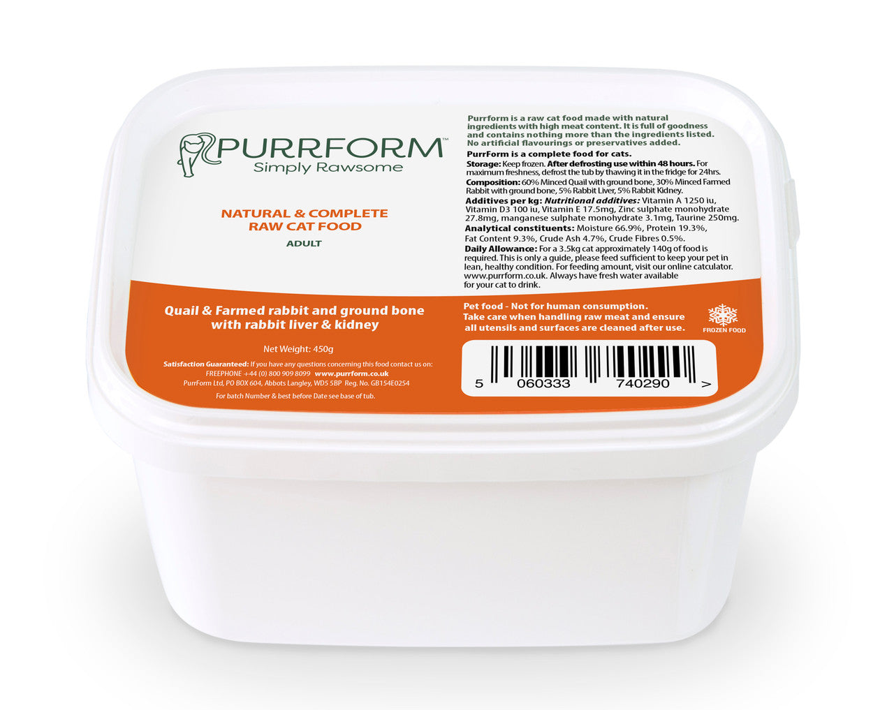 Purrform Tub Adult Quail & Rabbit 450G